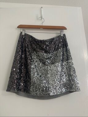 Express Silver Sequin Mini Skirt Y2K Festival Concert Double Lined Stretch Waist